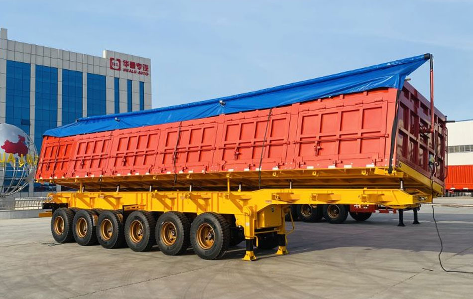 Side-turn dump semi-trailer – a powerful assistant for bulk cargo transportation, convenient and fast unloading